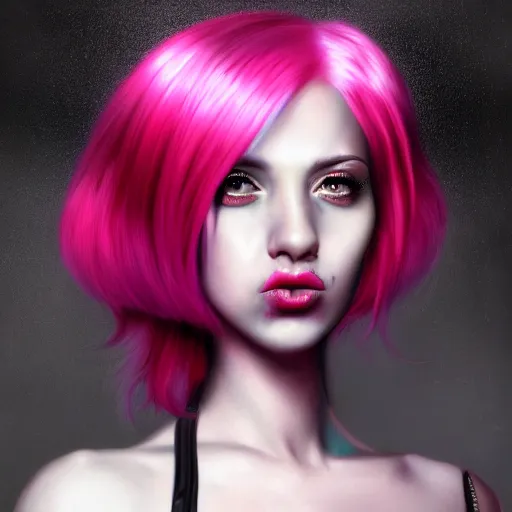 Prompt: a portrait of a stunning woman with pink hair, cyberpunk art by mark ryden, cgsociety, computer art, circuitry, dystopian art, academic art insanely quality, highly detailed, masterpiece, red light, artstation, 4 k