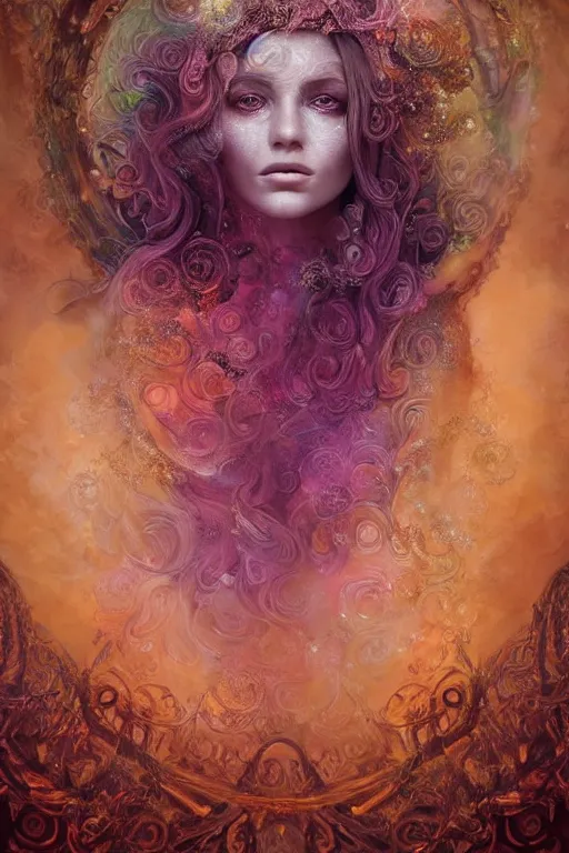 Image similar to elaborately hyperdetailed illustration of an extremely beautiful regal witch, eerie mist and ethereal pink bubbles, Aetherpunk, atmospheric lighting, high fantasy professionally painted digital art painting, smooth, sharp focus, highly detailed illustration highlights, backlight, golden ratio, 8K detail post-processing, symmetrical facial features, rich deep moody colors, award winning picture, Daily Deviation on DeviantArt, trending on cgsociety, featured on ArtstationHQ, very coherent symmetrical artwork, concept art