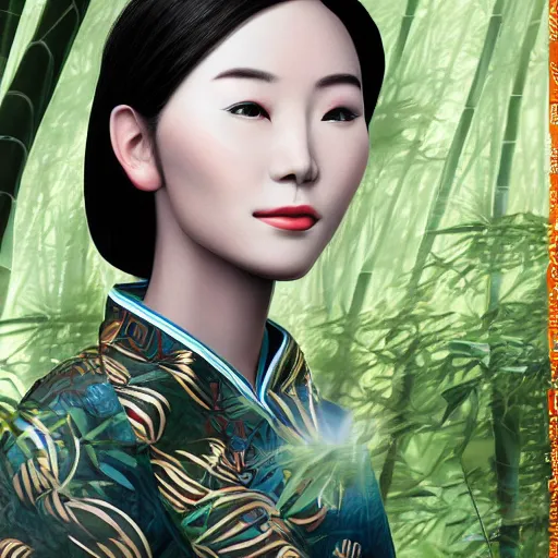 Image similar to photorealistic dramatic fantasy digital painting of a beautiful chinese woman wearing a qipao who is partially transforming into a werepanda, in the moonlit bamboo forest at night. physiological transformation ; hybrid creature that is half panda and half human. highly - detailed professional art.