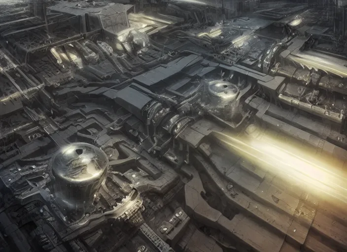 Prompt: cult of technology, exterior, scifi, machines, artificial intelligence!!, ultra realistic, highly detailed, brain in a vat!!!, futuristic landscape, industrial, city, utopian architecture, birds eye view, atmosphere, masterpiece, epic lighting, glow, mysterious, 4 k, cinematic, art by patryk olkiewicz and chris ostrowski