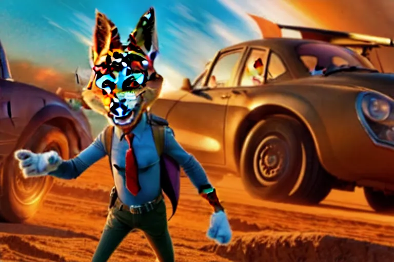 Image similar to nick wilde ( from zootopia ), heavily armed and armored facing down armageddon in a dark and gritty reboot from the makers of mad max : fury road