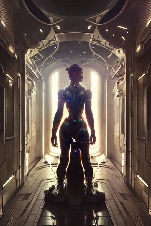 Image similar to ultra realistic, beautiful female cyborg in a utopian hallway in a space megalopolis, sci - fi, intricate details, eerie, highly detailed, octane render, 8 k, art by artgerm and alphonse mucha and greg rutkowski