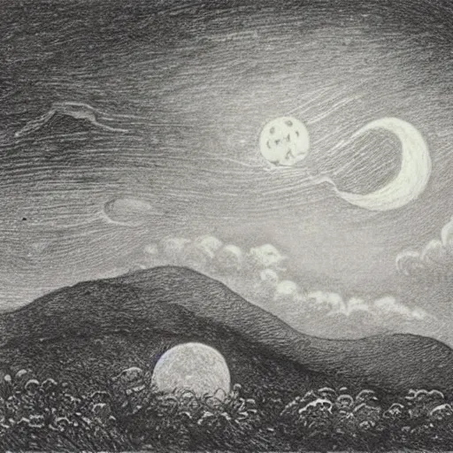 Image similar to night sky, stars, crescent talking moon smiling prominently in the center, surrounded by clouds, landscape, illustrated by peggy fortnum and beatrix potter and sir john tenniel