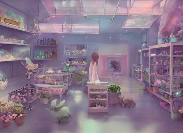 Prompt: placid pastel morning cozy moody cluttered painterly fluffy tiny cramped pet store, lots of aquariums, slanted ceiling, tiny space, particulate, trending on pixiv