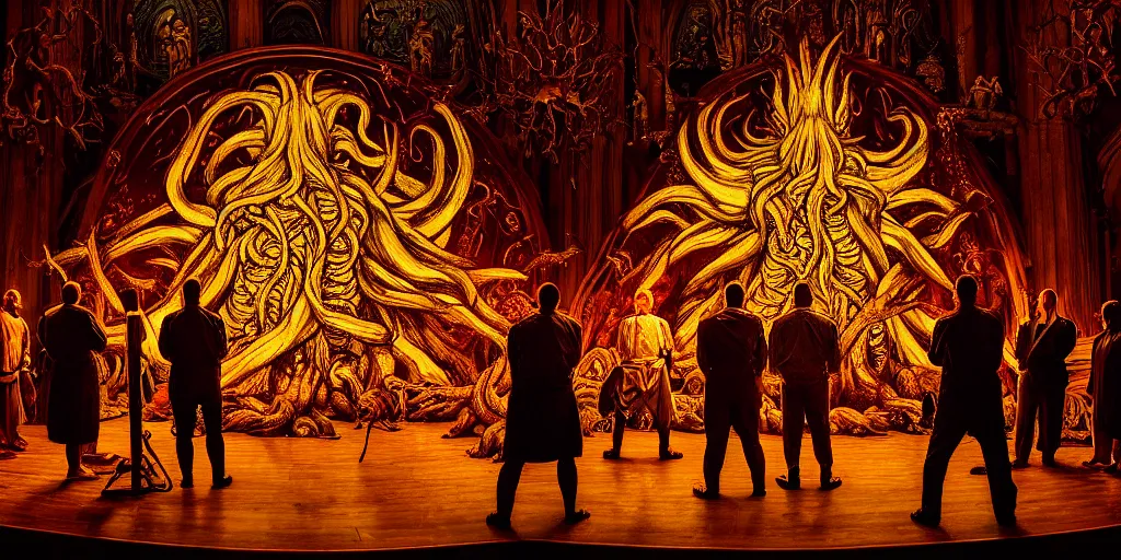 Image similar to portrait of circle group of priests invoking ritual in front of a giant cthulhu, intricate, glowing lights, highly detailed, sharp focus, wide - angle, atmospheric lighting, rich deep colors masterpiece, volumetric lighting, beautiful, rich deep colors masterpiece, sharp focus, ultra detailed by leesha hannigan, thierry doizon, kai carpenter