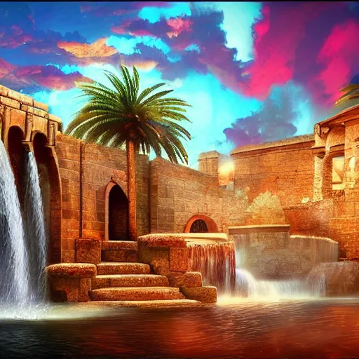 Image similar to ancient ottoman structure and waterfalls, epic retrowave art, trending on art station