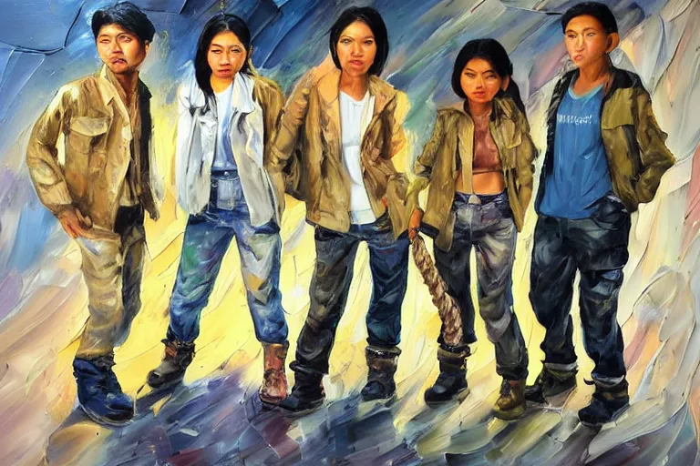 Image similar to palette knife oil painting of the underhand naga gang, a mixed asian gang who wear cargo or cami pants, work boots, and light navy jackets over beige shirts. they wrap their hands in rope and wield smg - tonfa hybrids. extreme detail, artstation trending, artgerm, deviant art, octane, substance, art history 8 k