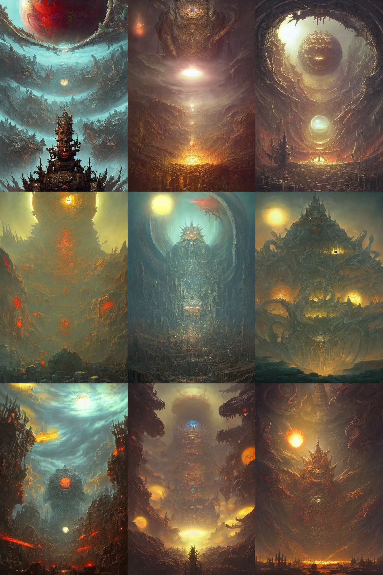 Prompt: highly detailed, intricate, stunningly beautiful matte painting of cyber hell full of demons, huge glowing sun, by shaun tan and peter mohrbacher