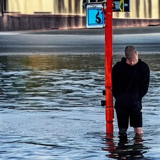 Image similar to guy with black hoodie is chained to a stop traffic sign pole under water. photo under the sea. trying to get free.