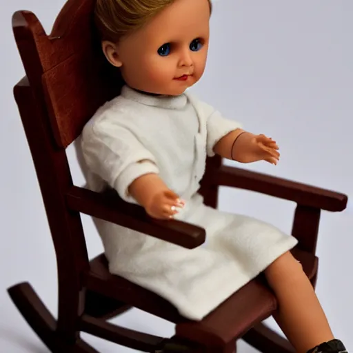 Image similar to Porcelain doll Ryan gosling sits on a rocking chair, realism, proportions,