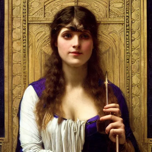 Prompt: portrait of a tired female magician in a business suit holding an oak magic wand intricate portrait by john william waterhouse and Edwin Longsden Long and Theodore Ralli and Henryk Siemiradzki, very coherent iridescent symmetrical artwork. Cinematic, hyper realism, high detail 8k