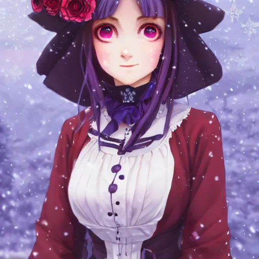 Image similar to wearing full clothing in full clothing victorian dress, beautiful anime woman, purple hair, red eyes, weapon, steampunk, symmetrical face, symmetrical eyes, full round face, short smile, detailed, winter setting, cinematic lighting, medium shot, mid - shot, makoto shinkai, artgerm, ilya kuvshinov, loish