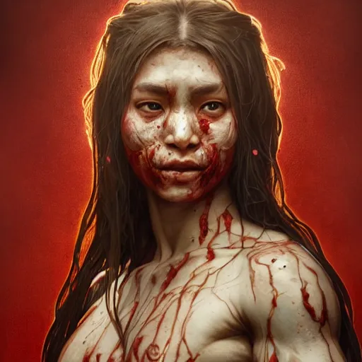 Prompt: portrait painting of a muscular bloodied nepali female butcher back, ultra realistic, concept art, intricate details, eerie, highly detailed, photorealistic, octane render, 8 k, unreal engine. art by artgerm and greg rutkowski and alphonse mucha