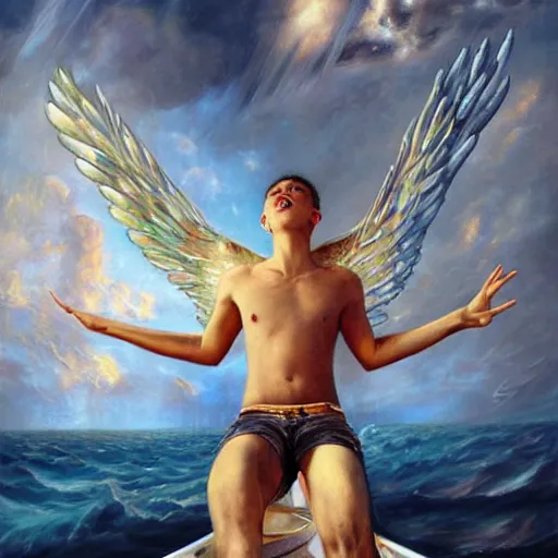 Prompt: beautiful painting by karol bak of a fourteen year old boy with and enormous mechanical wing strapped to his back, standing on the back of a boat in a storm, his arms spread, face looking skyward, wearing only shorts, ready to fly, icarus, winged boy, young teen, rain, clouds, waves, splash,