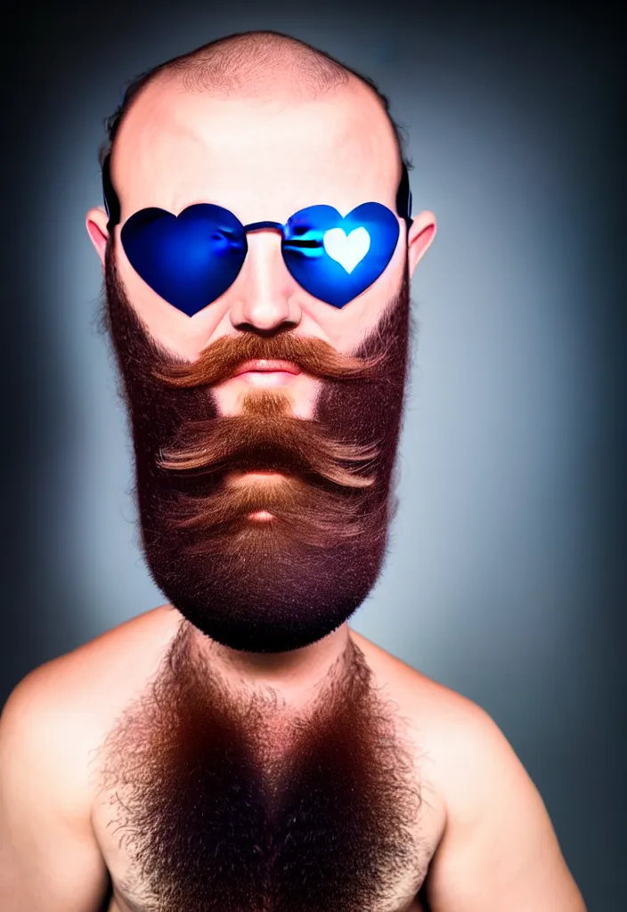 Prompt: ion man wearing heart - shaped sunglasses and with atomic halo over his head, determined facial expression, strong facial features, beard, studio portrait, studio lighting