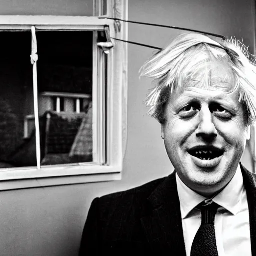 Prompt: a photo taken from the inside of an old house with window blinds being pulled back to reveal a terrifying boris johnson with his face pressed against the window with his hand on the window and a horrifying grin. horror, black and white, raining, night time