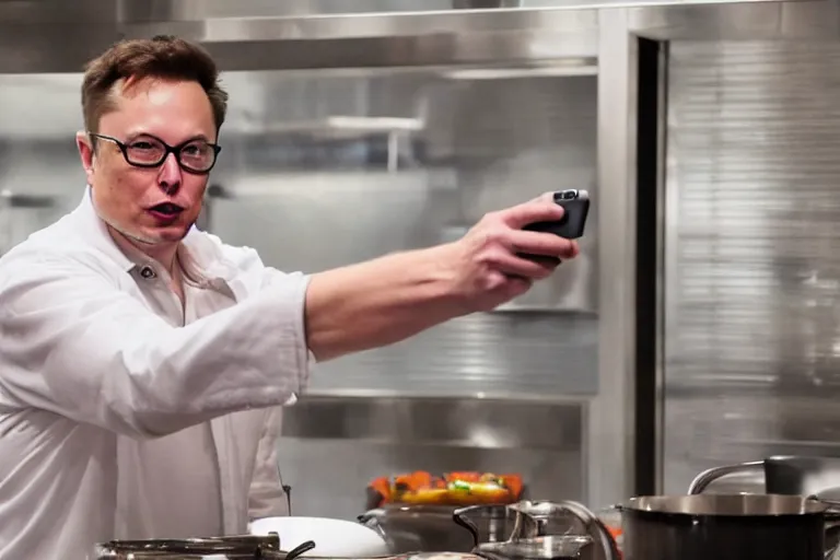 Prompt: elon musk using glasses and grabbing an iphone while hes cooking