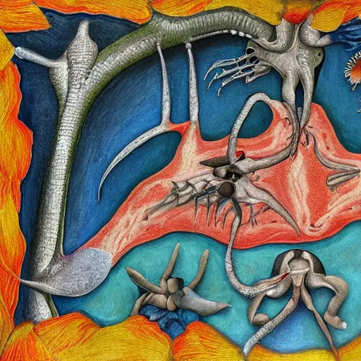 Image similar to - [ ] A beautiful painting of a team of surgeons gathered around a patient on an operating table, with one surgeon in the process of cutting into the patient\'s chest. The painting is full of intense colors and brushstrokes, conveying the urgency and intensity of the surgery. fractal manifold, Paleozoic, pastel rainbow by Gertrude Abercrombie