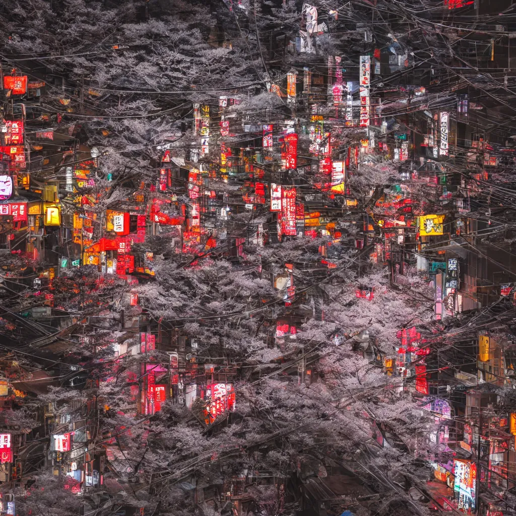 Image similar to a Japanese cyberpunk shrine, snowing, photograph,, sharp focus, intricate detail, drone shot, high resolution, 8k, neon streetlights, wires hanging down everywhere, Japan, colourful,,