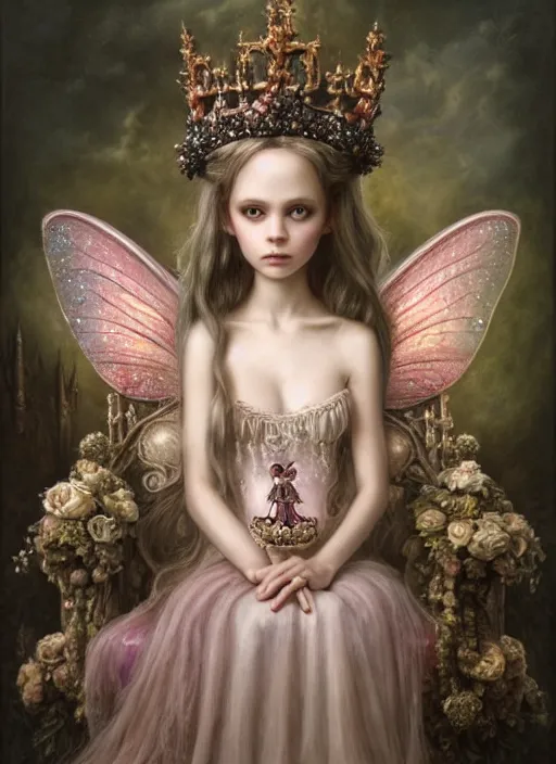 Prompt: highly detailed closeup, portrait of a gothic fairy princess wearing a crown and sitting on a throne, simple hands with straight fingers, unreal engine, nicoletta ceccoli, mark ryden, earl norem, lostfish, global illumination, detailed and intricate environment