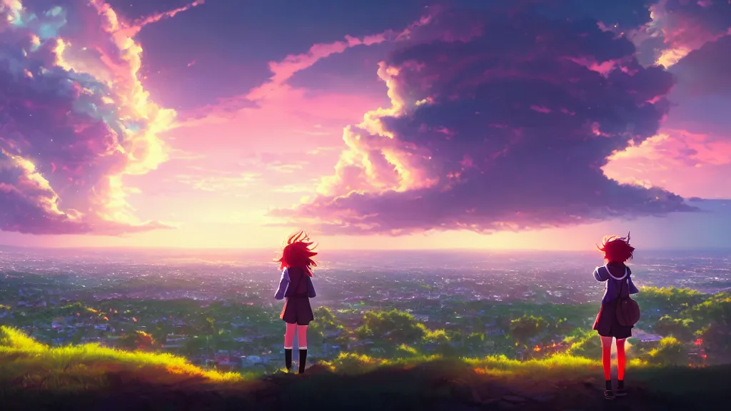 Prompt: a schoolgirl was looking at the city in the distance on the hillside, beautiful and spectacular dusk, giant cumulonimbus cloud, rich vivid colors, ambient lighting, dynamic lighting, official media, anime key visual, rossdraws, detailed, trending on artstation.