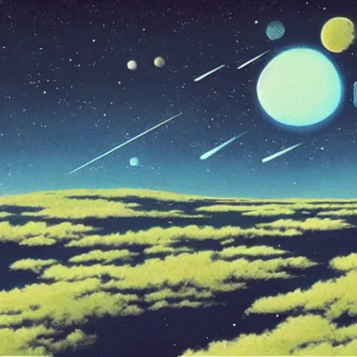 Image similar to sci - fi space landscape by studio ghibli, matte painting