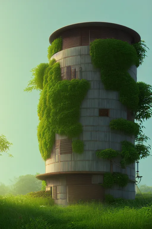 Image similar to cylindrical house, solarpunk, studio ghibli, jean - baptiste monge, octane render, 4 k