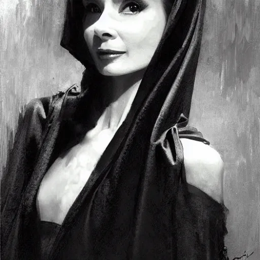 Image similar to detailed realistic cinematic wide shot of beautiful attractive audrey hepburn vampire woman wearing black bath robe slim face symettrical face clean skin black eyes black robe smooth, sharp focus, ultra realistic, spring light, painting by gaston bussiere, craig mullins, j. c. leyendecker