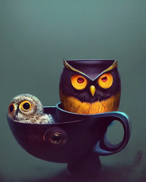 Image similar to long shot of a very cute owl chick nesting in a futuristic mug, esao andrews, humorous illustration, hyperrealistic, big depth of field, warm colors, night scenery, low light, 3 d octane render, 4 k, concept art, hyperdetailed, hyperrealistic, trending on artstation