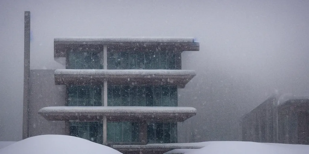 Prompt: snow falling on complex and beautiful brutalist buildings, depth of field, soft focus, clear focus, beautiful, award winning architecture, le corbusier, frank lloyd wright, snow, fog, mist, hopeful, quiet, calm, serene