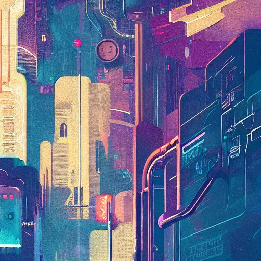 Prompt: 4 0 1 1 6 7 1 9 2 4 a graph style gauche impasto, sad, steampunk, cyberpunk art by james gilleard, city depth of field, cgsociety, retrofuturism, synthwave, retrowave, outrun, paint, high detail.