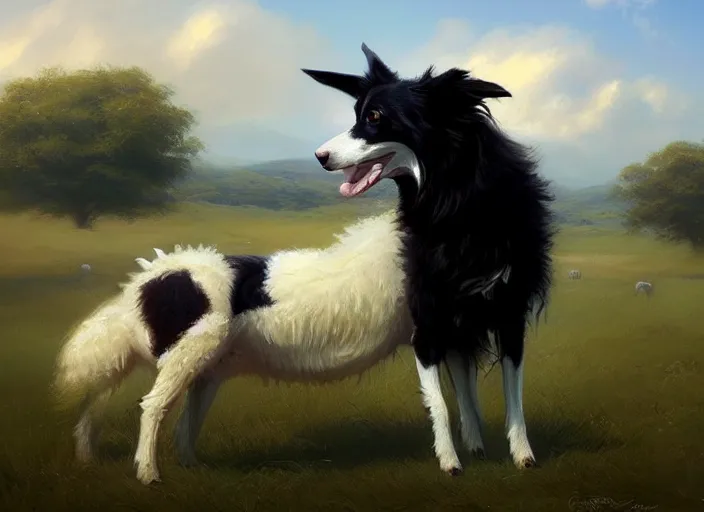 Image similar to wide shot painting of a border collie kissing a sheep in a pasture, beautiful, intricate, elegant, realistic proportions, highly detailed, scenic background, trending on artstation, art by charlie bowater and henry asencio and and ross tran