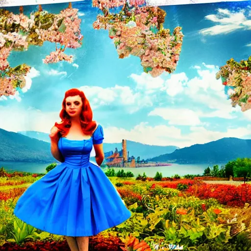 Image similar to giant alice in wonderland, pin up, houses, trees, mountains, woman, city, digital art, photo, blue dress, photoshop, flowers, collage, river, below