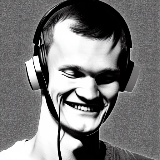 Prompt: vitalik buterin in big headphones with closed eyes listens to music and smiles with black background, wayne barlow, bao pham, donato giancola, larry elmore, masterpiece, trending on artstation, featured on pixiv, cinematic composition, beautiful lighting, sharp, details, hyper - detailed, hdr, 4 k, 8 k