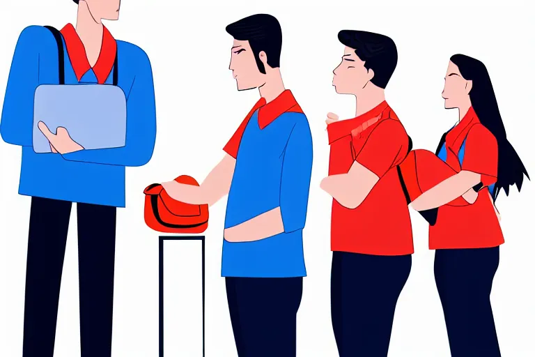 Image similar to tall, broad shouldered, security guard checks the bags of a worried looking couple, man and woman, digital art