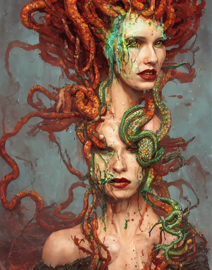 Image similar to a splatterpunk portrait of a gorgon woman with flaming snakes for hair, hyperrealistic, award-winning, in the style of Tom Bagshaw, Cedric Peyravernay, Peter Mohrbacher