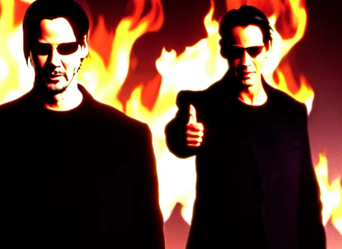 Image similar to A photo of Keanu Reeves as Neo in The Matrix movie doing a thumb up to the camera in front on burning servers, servers in flames in the background, happy system administrator doing a thumb up, uncropped, full body, crispy, ultra detailed