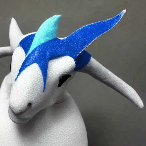 Image similar to white dragon with a blue neck mane, 2 grey horns from a 3/4ths angle