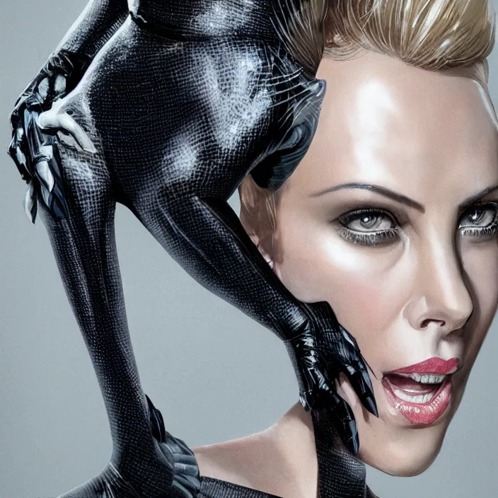 Image similar to portrait of charlize theron as a catwoman 1 9 8 9. intricate abstract. intricate artwork. by tooth wu, wlop, beeple, dan mumford. octane render, trending on artstation, greg rutkowski very coherent symmetrical artwork. cinematic, hyper realism, high detail, octane render, 8 k, iridescent accents