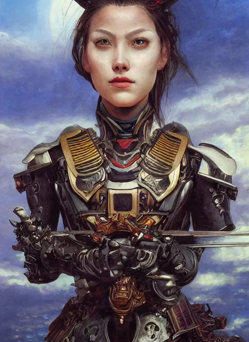 Prompt: symmetry! closeup portrait of a beautiful biblical diabolical samurai girl holding a gun, bio cyborg armor, in clouds, cinematic studio light, windy, sunrise, by gerald brom, by mikhail vrubel, by peter elson, muted colors, extreme detail, trending on artstation, 8 k
