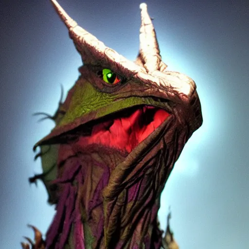 Image similar to evil skeksis from the dark crystal. dark undertones. volumetric lighting.