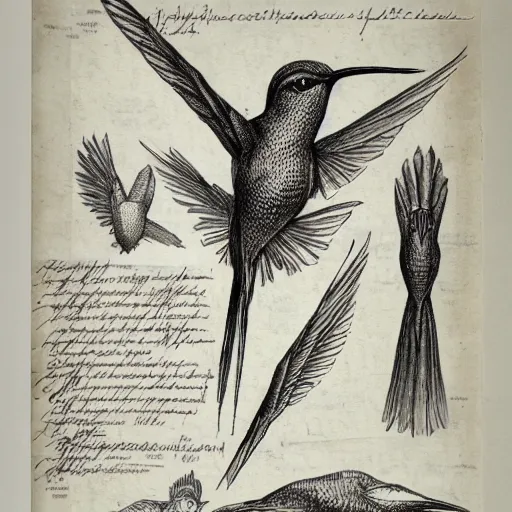 Image similar to full page scan of 1400s detailed hummingbird concept art, architectural section, plan drawing, page, paper, parchment, papyrus, fantasy, horror, occult, diagram, informative texts, graphs, notes, scribbles, hummingbird bird anatomy anatomical, blur