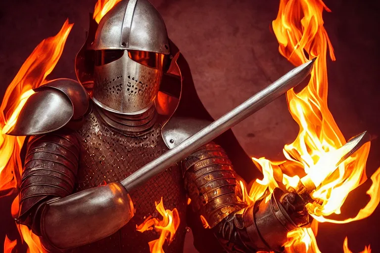 Prompt: photo of a medieval knight holding a sword in flames, award winning, ultradetailed