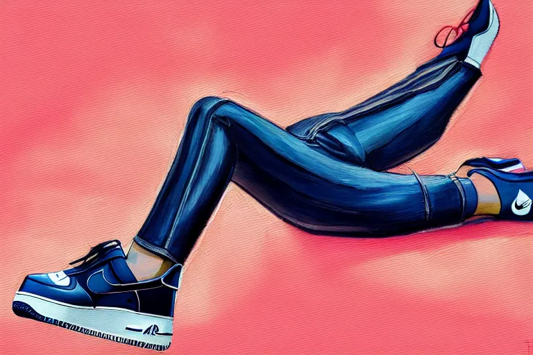 Image similar to a ultradetailed painting of a stylish woman laying on the ground, she is wearing nike air force 1 sneakers, trending on artstation