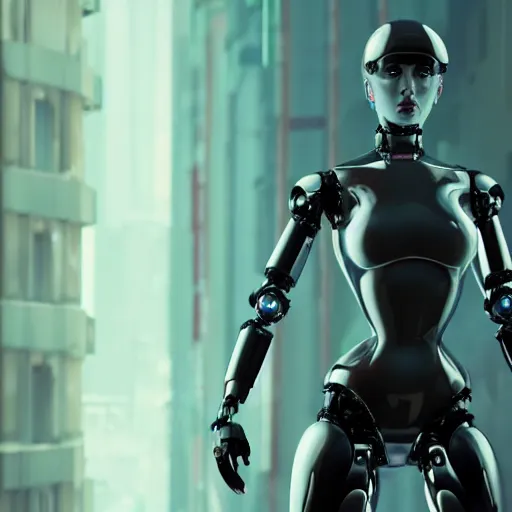 Prompt: Epic masterpiece of a female android robot, by ghost in the shell, full body shot, 8k, iridescant colors.