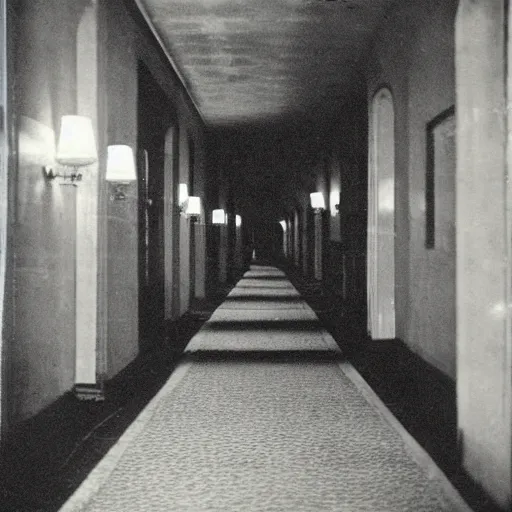 Image similar to “long hallway in a hotel at night, 1900’s photo”