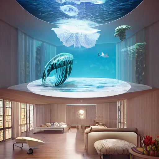 Image similar to the realistic photo of the modern room as aquarium with a chandelier as a big jellyfish, beautiful corals on the walls and sharks in the big panoramic window, under the ocean, realistic colors, realistic shadows, daylight made in blender, hd, 3 d by beeple and damian hirst and greg rutkowski