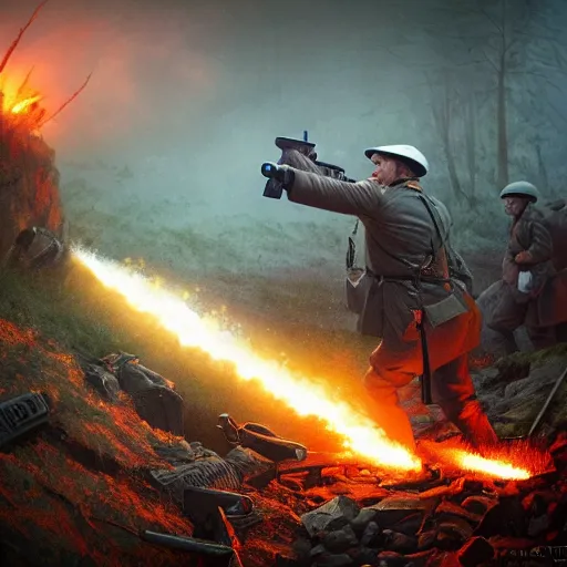 Image similar to putin fires a firearm in the trenches in the war, colorful, contrast, 3 d scene, greg rutkowski, zabrocki, karlkka, jayson devadas, trending on artstation, 8 k, ultra wide angle, zenith view, pincushion lens effect