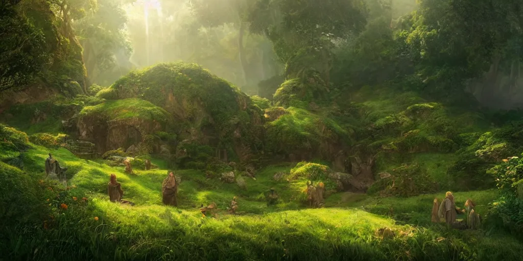 Image similar to lush and beautiful concept art for the shire, lord of the rings, peter jackson, studio ghibli, detailed, realistic lighting, volumetric lighting, golden hour,