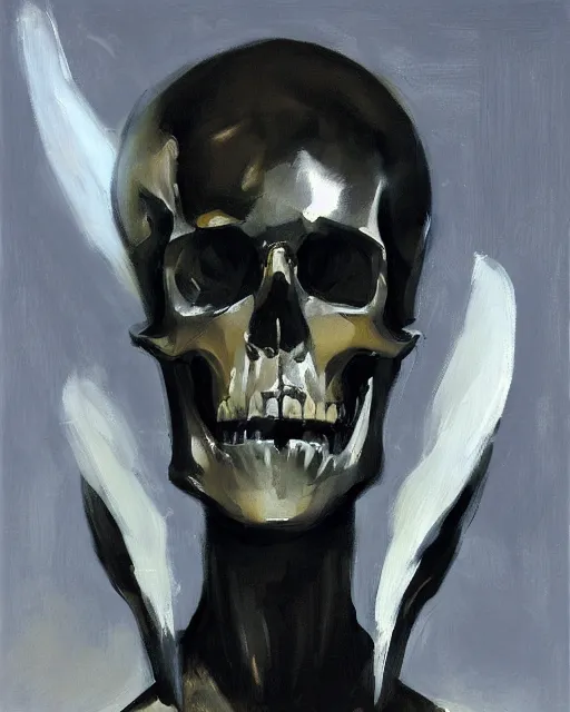 Prompt: an angel with a skull for the head, by greg manchess, organic painting, dark, bold shapes, trending on artstation